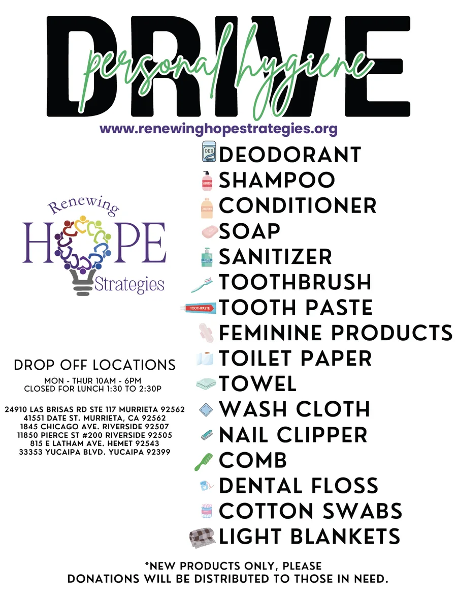 Hygiene Essentials Donation Drive flyer — click to enlarge